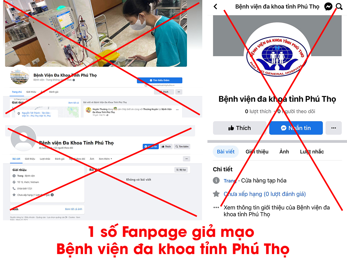 1 số Fanpage giả mạo fanpage Bệnh viện đa khoa tỉnh Phú Thọ
