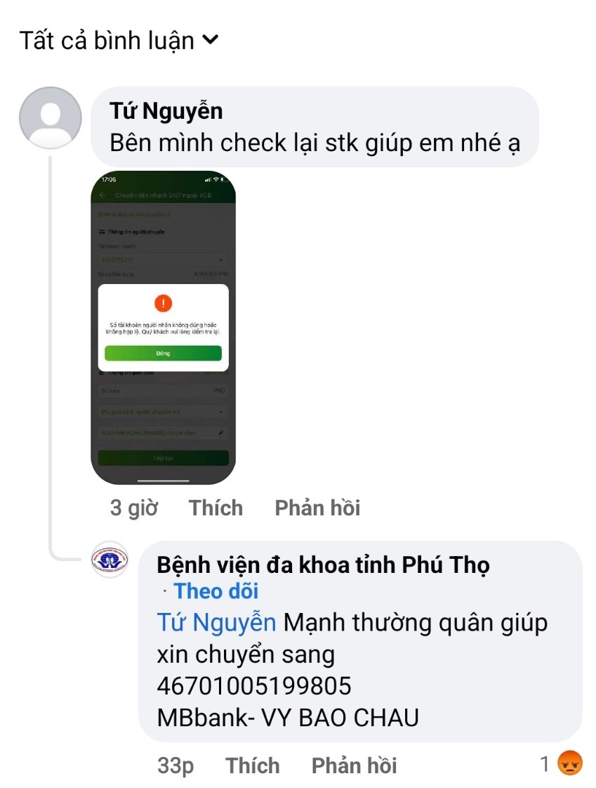 Fanpage giả mạo Bệnh viện đa khoa tỉnh Phú Thọ trả lời tin nhắn và cho số tài khoản khác