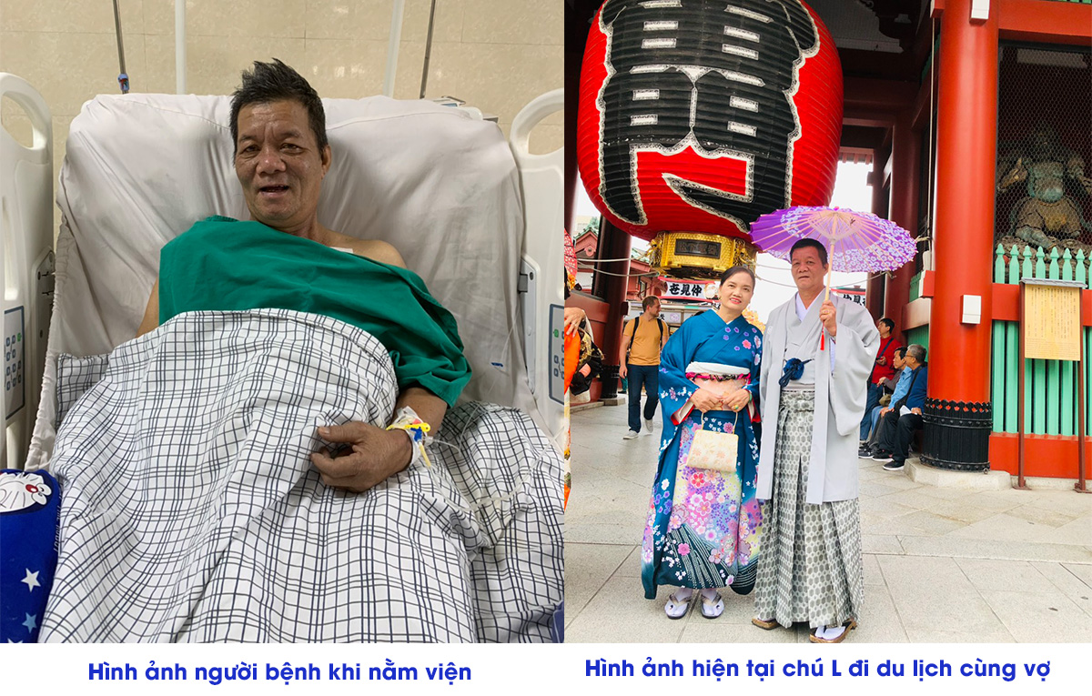 Hình ảnh người bệnh khi nằm điều trị tại Bệnh viện đa khoa tỉnh Phú Thọ và hình ảnh hiện tại chú L đi du lịch cùng vợ