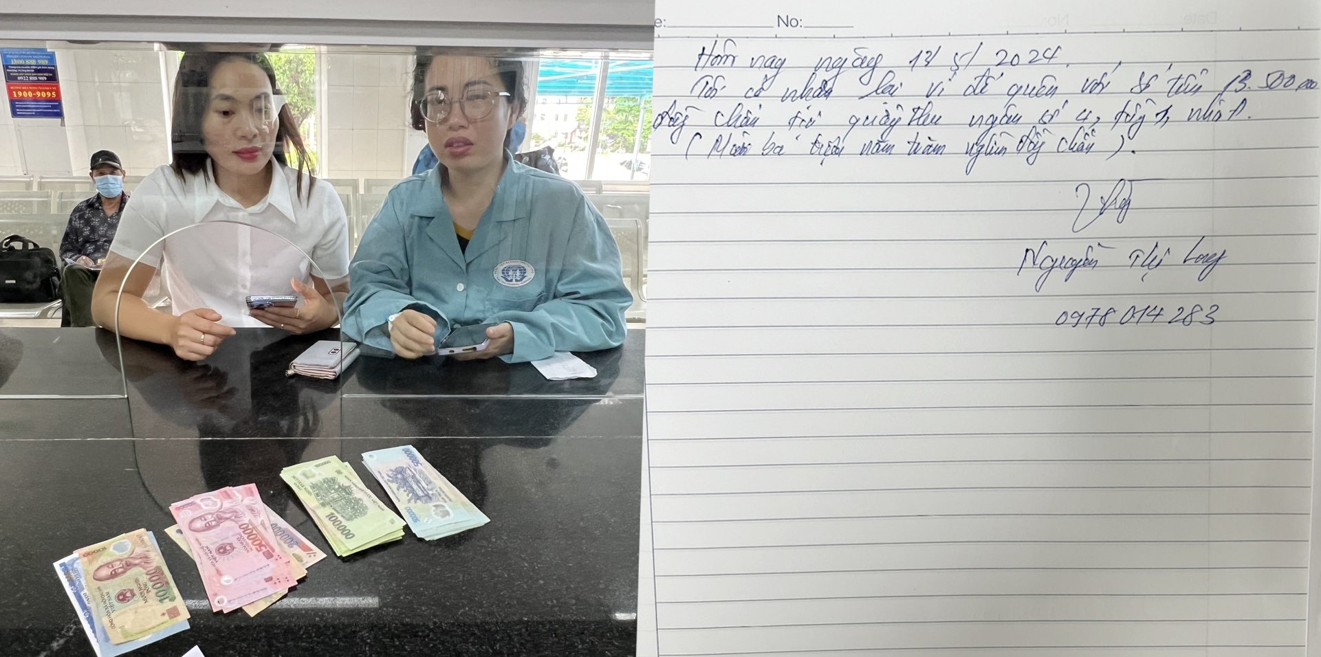 Chị Nguyễn Thị Long nhận lại ví bị mất bên trong có 13,5 triệu đồng tại quầy thu ngân tầng 1 nhà A