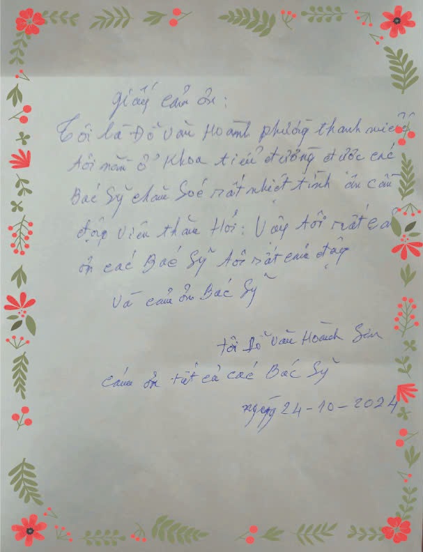 Lá thư người bệnh Đỗ Văn Hoành gửi đến các cán bộ y tế tại khoa Nội tiết – Đái tháo đường BVĐK tỉnh Phú Thọ