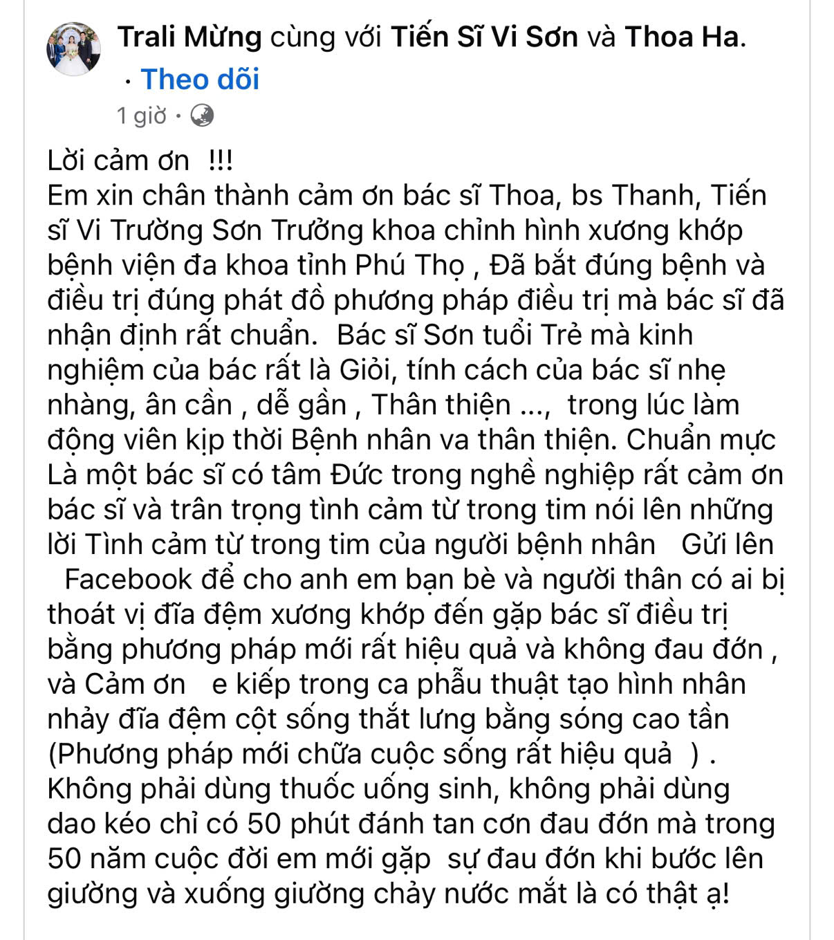 Hình ảnh lời cảm ơn của người bệnh được điều trị khỏi đau lưng bằng phương pháp đốt sóng cao tần xung