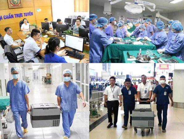 Các y, bác sỹ vận chuyển tạng từ người hiến chết não đến các bệnh viện lớn để kịp thời ghép cho người bệnh (ảnh do Bệnh viện cung cấp)