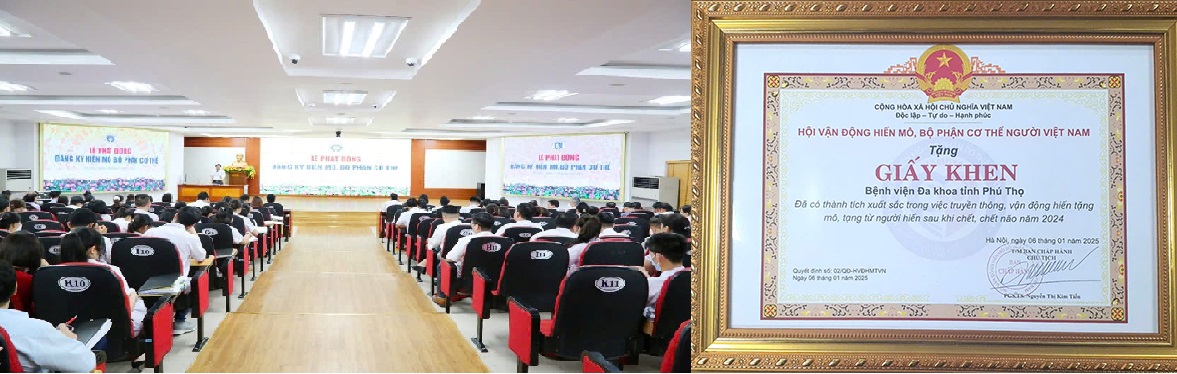Hành trình 10 năm kết nối và hiện thực hóa những ước mơ “hồi sinh” cuộc sống – Công tác hiến, ghép mô, tạng tại Bệnh viện Đa khoa tỉnh Phú Thọ 6 Bệnh viện Đa khoa tỉnh Phú Thọ đã vinh dự được Hội Vận động hiến mô, bộ phận cơ thể người Việt Nam trao tặng Giấy khen vì đã có thành tích xuất sắc trong công tác truyền thông, vận động hiến mô, tạng từ người hiến sau khi chết, chết não năm 2024.