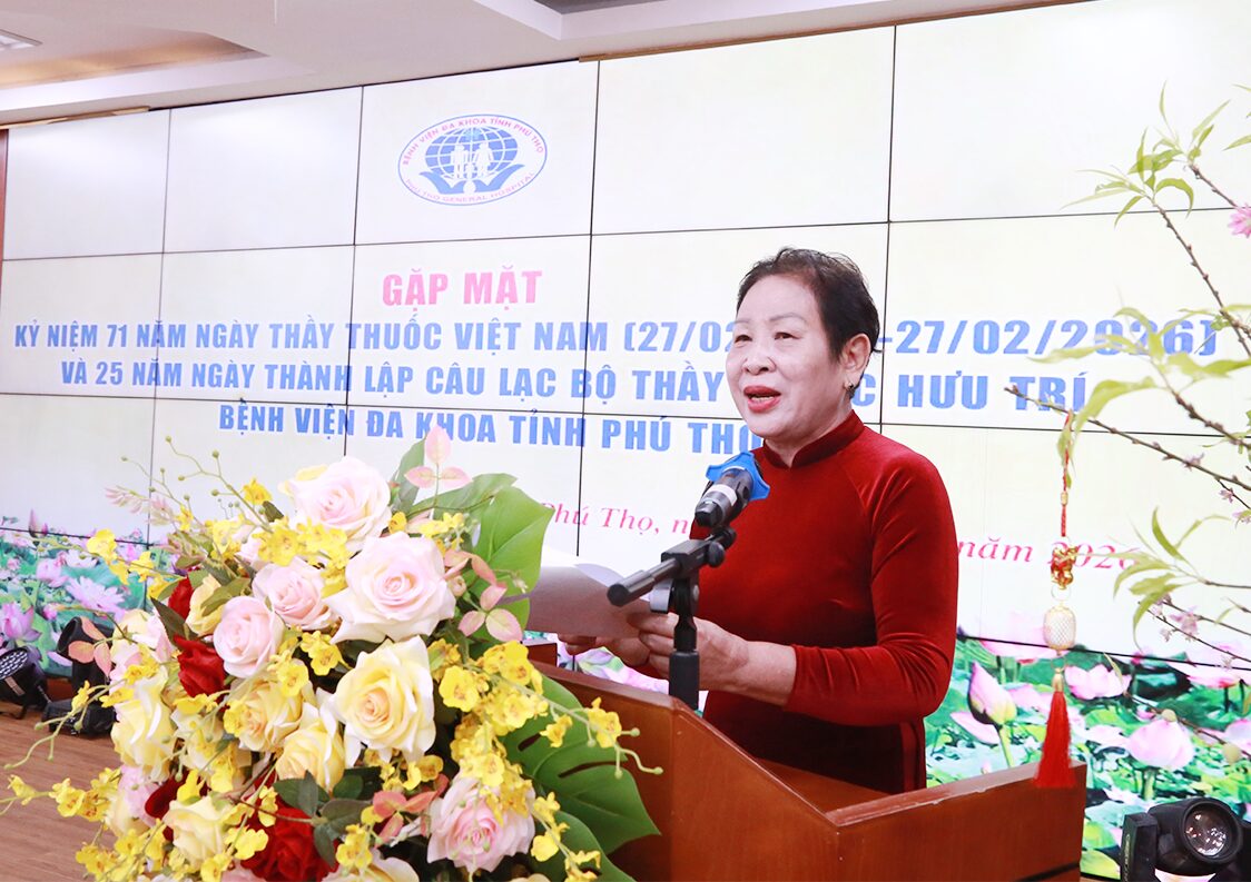 Gặp mặt kỷ niệm 71 năm Ngày Thầy thuốc Việt Nam và 25 năm Ngày Thành lập Câu lạc bộ Thầy thuốc hưu trí – Tri ân và tiếp nối những giá trị cao quý 2 Đồng chí Nguyễn Thị Thụ – Chủ nhiệm Câu lạc bộ Thầy thuốc hưu trí phát biểu tại chương trình