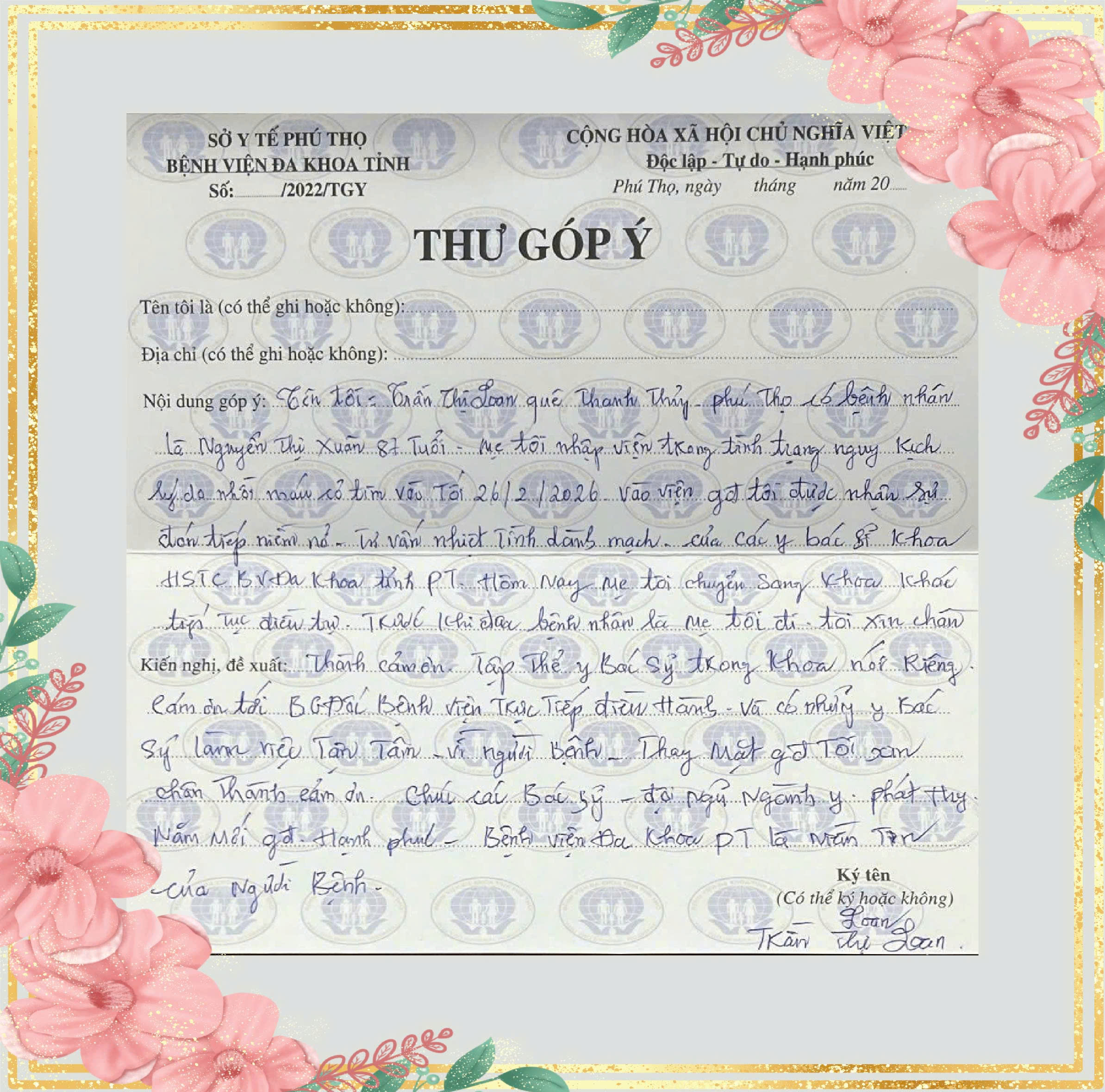 Bức thư góp ý của người bệnh